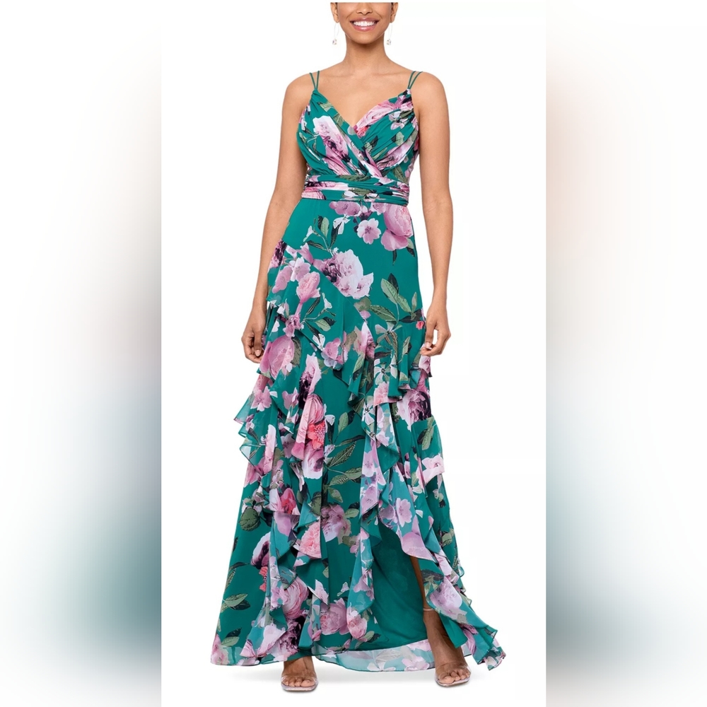XSCAPE Women's Floral-Print Ruffled Chiffon Gown NWT size 4